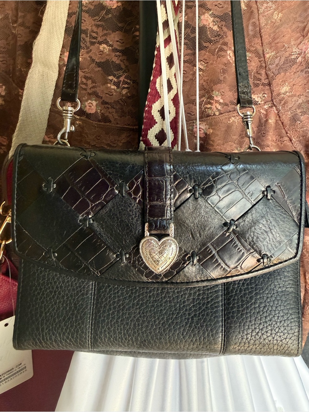 Brighton Black Leather Heart-Embellished Crossbody Bag